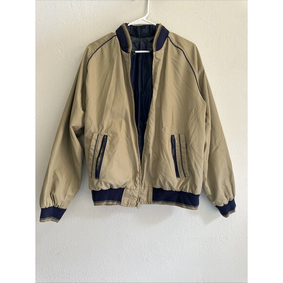Vintage Private Club Reversible Blue and Tan Bomber Jacket Size Large - Picture 1 of 8